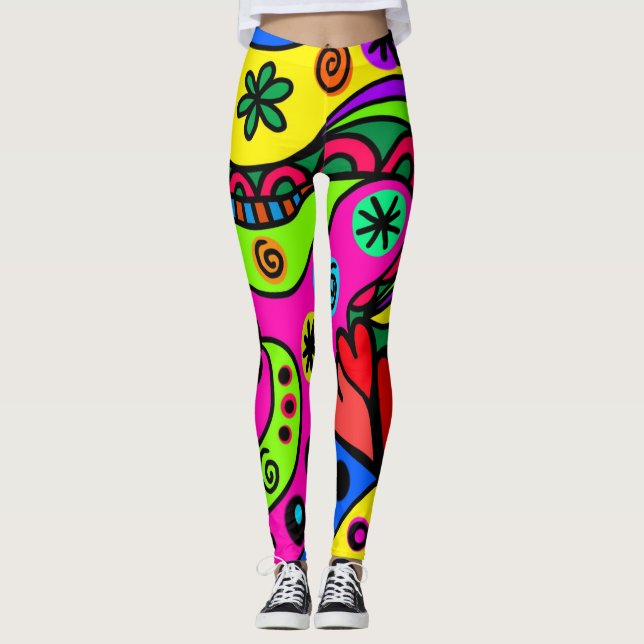 Wild, Bold, Bright Abstract Psychedelic Design Leggings (Front)