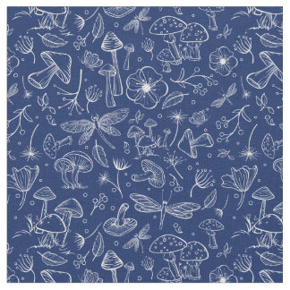 Wild Botanical Mushroom Print in Navy Blue Fabric