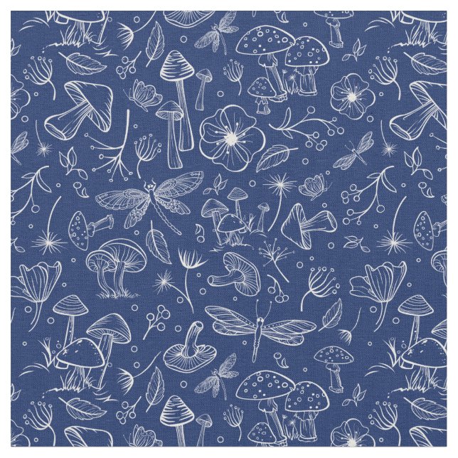 Wild Botanical Mushroom Print in Navy Blue Fabric (Close Up)