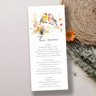 Wild Botanical Watercolor Love Birds Wedding Menu Invitation