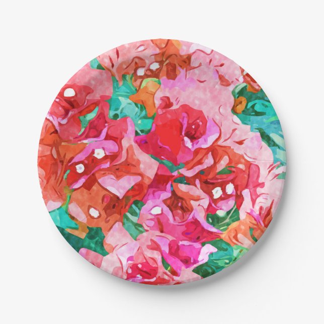 Wild Bougainvillea, Bloom Summer Floral Bohemian Paper Plates (Front)