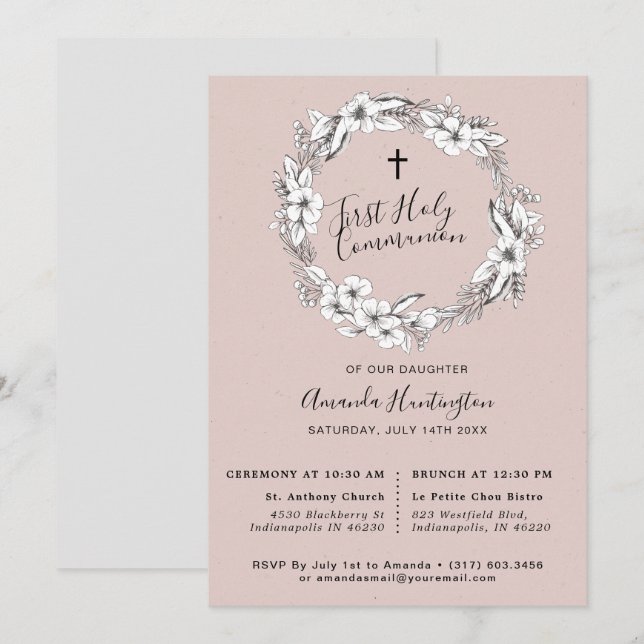 Wild Bouquet First Holly Communion | Blush | Invitation (Front/Back)