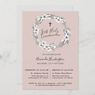 Wild Bouquet First Holly Communion Blush Invitation