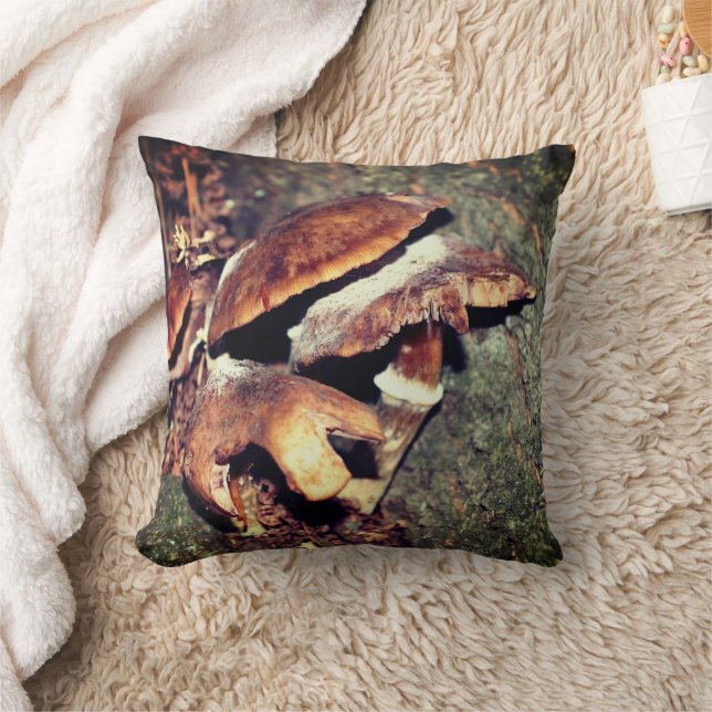 Wild Brown Mushrooms In Tree Crevice   Throw Pillow (Blanket)