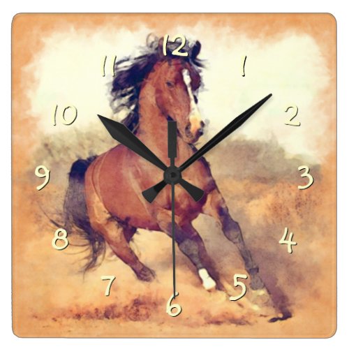 Wild Brown Mustang Horse Watercolor Painting Square Wall Clock