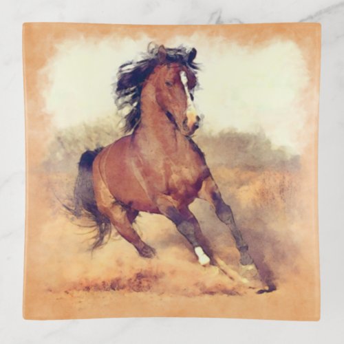Wild Brown Mustang Horse Watercolor Painting Trinket Tray