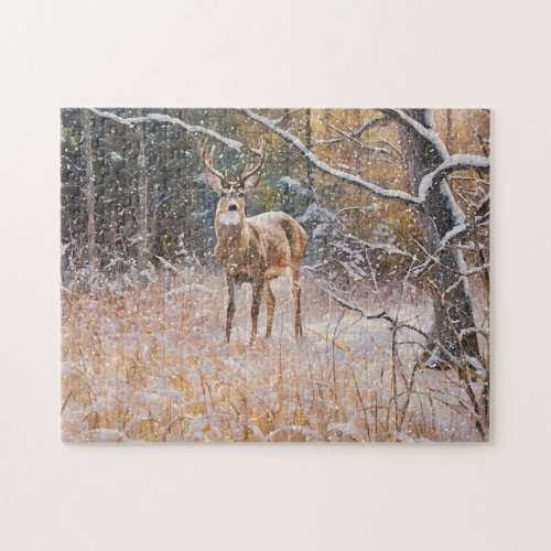 Wild Buck Deer Big Antlers Snow Forest Art Puzzle