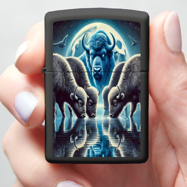 Wild Buffaloes Gather Beneath Cosmic Starscape Zippo Lighter (In Hand)