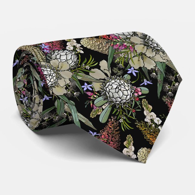 Wild Bush Flower Bouquet - Protea & Grevillea  Neck Tie (Rolled)