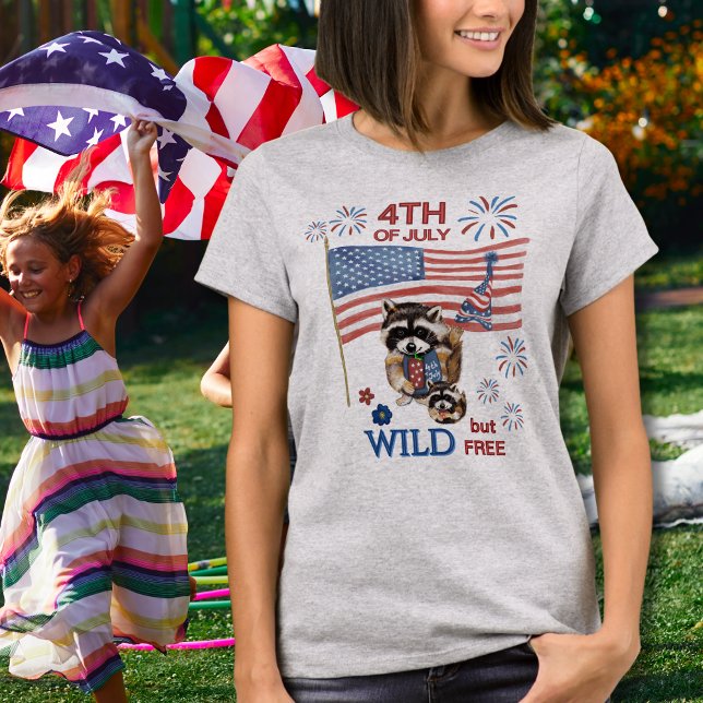 Wild but Free" Raccoon Mom & Baby 4th of July T-Shirt (Wild but Free Raccoon Mom & Baby 4th of July T-Shirt)