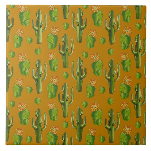 Wild Cactus Pattern Ceramic Tile (Front)