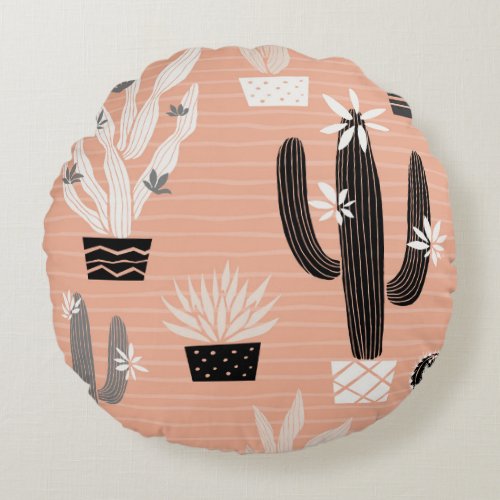 Wild Cactuses Colorful Watercolor Pattern Round Pillow