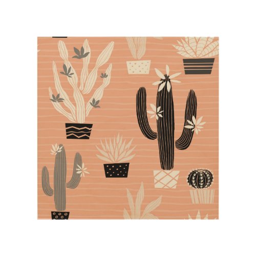 Wild Cactuses Colorful Watercolor Pattern Wood Wall Art