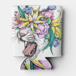 Wild cat, floral wreath, cartoon. can cooler