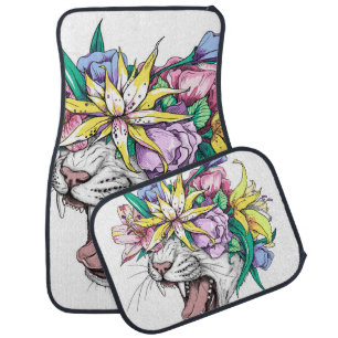 Wild cat, floral wreath, cartoon. car floor mat