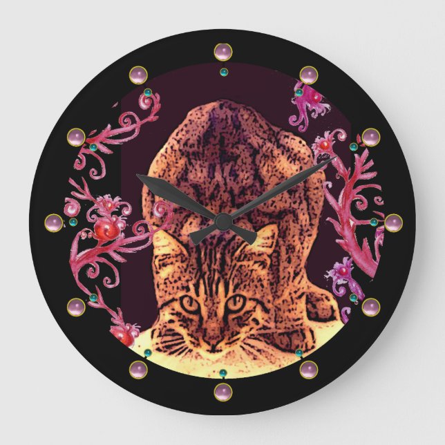WILD CAT KITTEN , BLACK PINK RED FLORAL SWIRLS LARGE CLOCK (Front)