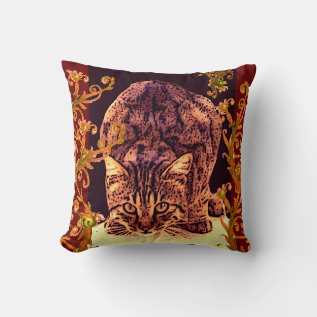 WILD CAT KITTEN Yellow Floral Swirls Throw Pillow (Front)