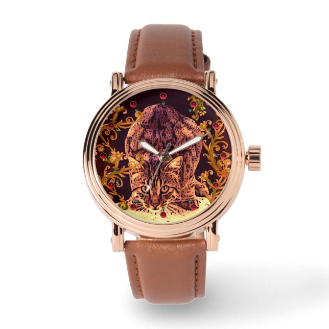 WILD CAT KITTEN Yellow Floral Swirls Watch (Front)