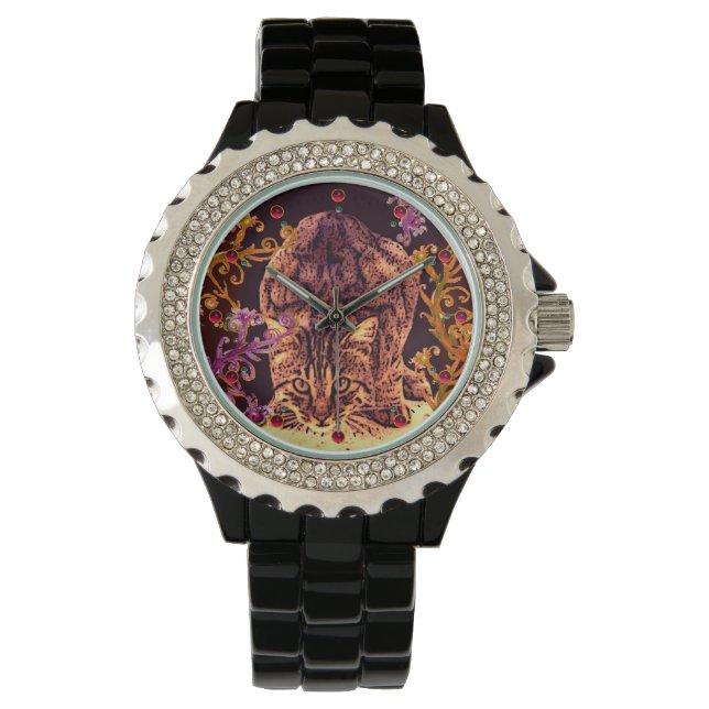 WILD CAT KITTEN Yellow Red Pink Floral Swirls Watch (Front)
