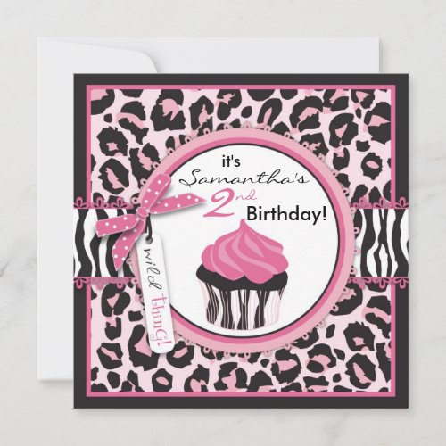 Wild Cheetah Print &amp; Cupcake Birthday Custom Announcements