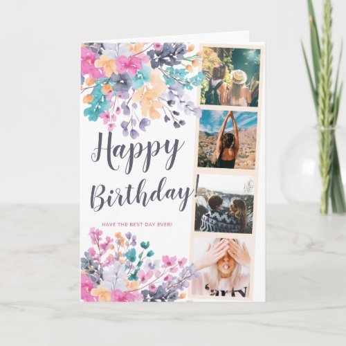 Wild chic floral watercolor 4 photo grid birthday card