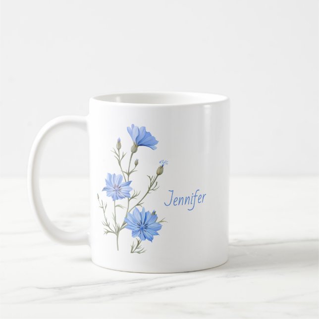 Wild Chicory Flower Botanical Custom Name Coffee Mug (Left)