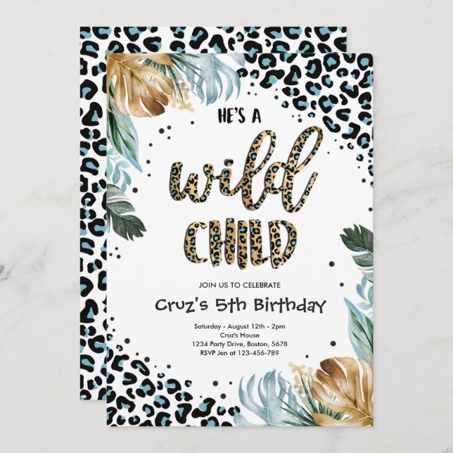 Wild Child Blue Boy Leopard Print Jungle Party Invitation (Front/Back)