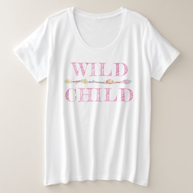 Wild Child feathers and beads boho pink slogan tee (Design Front)