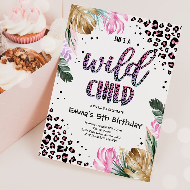 Wild Child Gold Pink Leopard Print Birthday Party Invitation (Creator Uploaded)