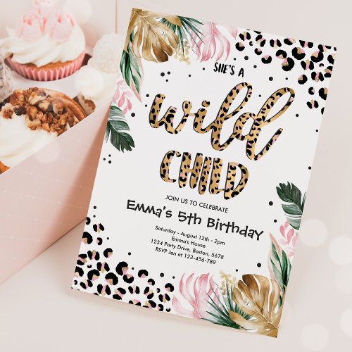 Wild Child Gold Pink Leopard Print Birthday Party Invitation