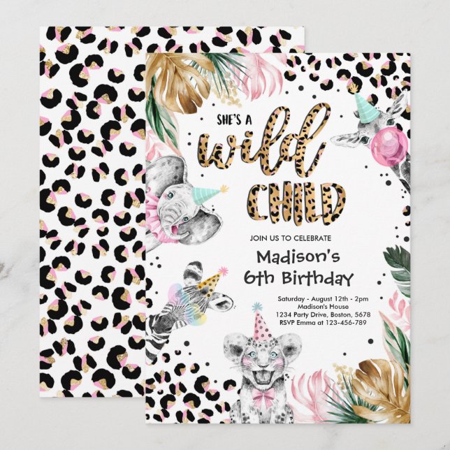 Wild Child Leopard Print Safari Animals Birthday Invitation (Front/Back)