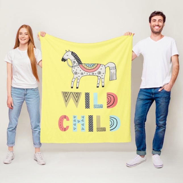 Wild Child Scandinavian Horse Baby Yellow Fleece Blanket (In Situ)