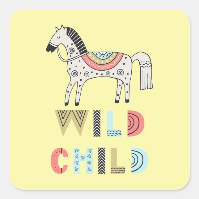 Wild Child Scandinavian Horse Pastel Yellow  Square Sticker (Front)