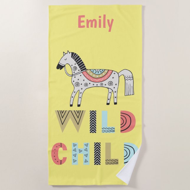 Wild Child Scandinavian Horse Personalized  Beach Towel (Front)