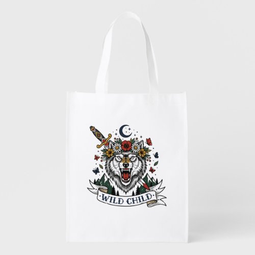 Wild Child Wolf Flower Crown Dagger Tattoo Flash F Grocery Bag