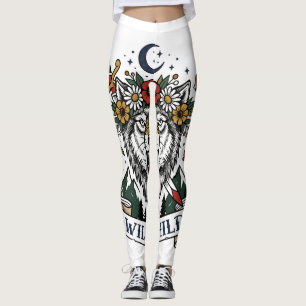 Wild Child Wolf Flower Crown Dagger Tattoo Flash F Leggings
