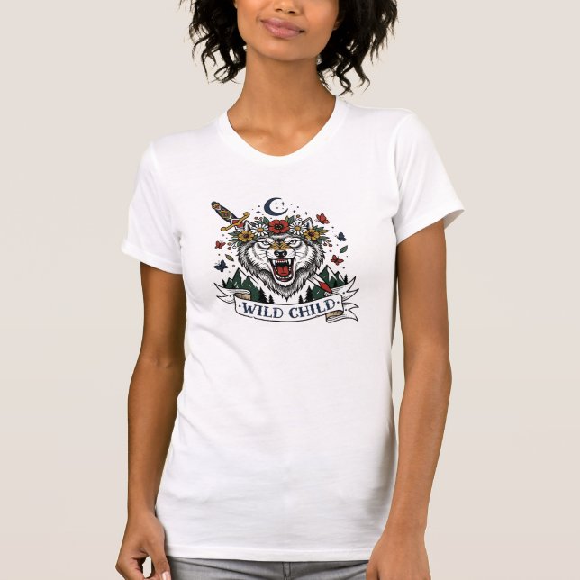 Wild Child Wolf Flower Crown Dagger Tattoo Flash F T-Shirt (Front)