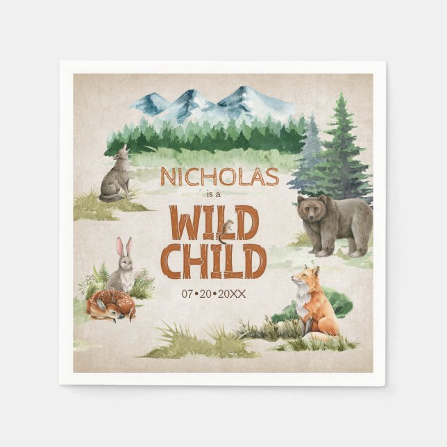 Wild Child Woodland Animal Birthday Party Napkins (Front)