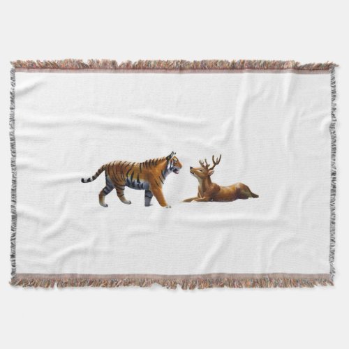 Wild Clash Tiger vs Deer on White Throw Blanket