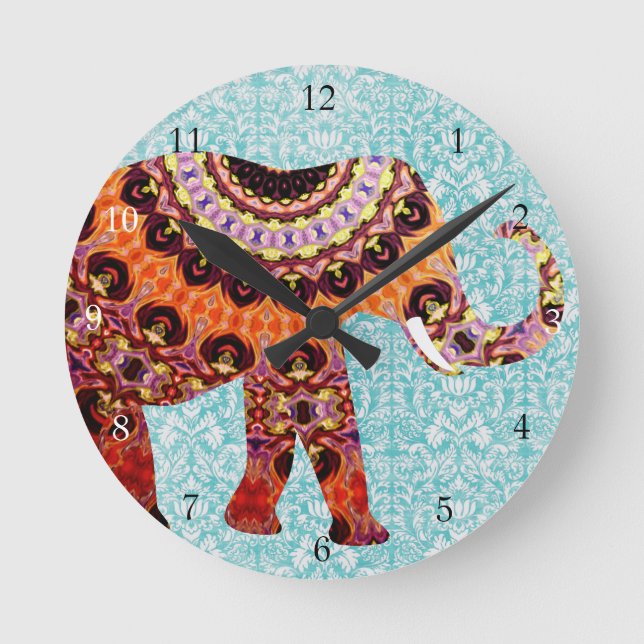 Wild Colorful Boho Elephant Pattern Round Clock (Front)