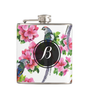 Wild Colorful Pheasant Birds & Flowers Pattern Hip Flask