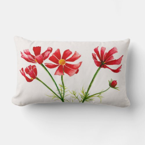 Wild Cosmos Flowers in Brilliant Wine Red Lumbar Pillow