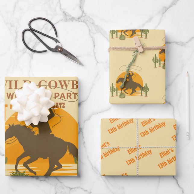 Wild cowboy western birthday wrapping paper sheets (Front)