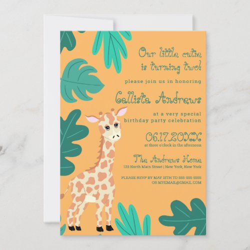 Wild Cute Green Orange Giraffe Leaves Birthday Invitation