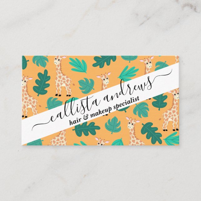 Wild Cute Green Orange Giraffe Leaves Pattern Business Card (Front)
