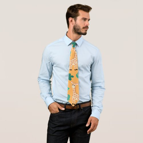 Wild Cute Green Orange Giraffe Leaves Pattern Neck Tie