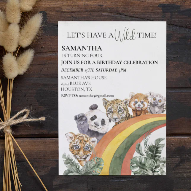 Wild Cute Jungle Animals Rainbow Birthday Party Invitation | Zazzle