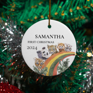 Wild Cute Jungle Animals Rainbow First Christmas Ceramic Ornament