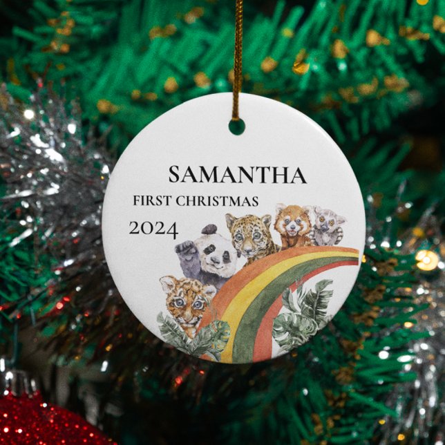 Wild Cute Jungle Animals Rainbow First Christmas Ceramic Ornament (Creator Uploaded)