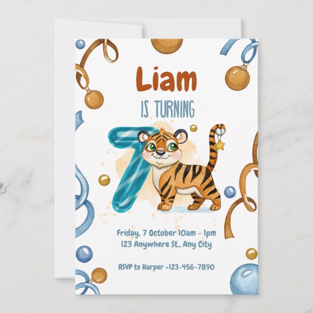 Wild & Cute Tiger 7th Birthday Invitation (Front)